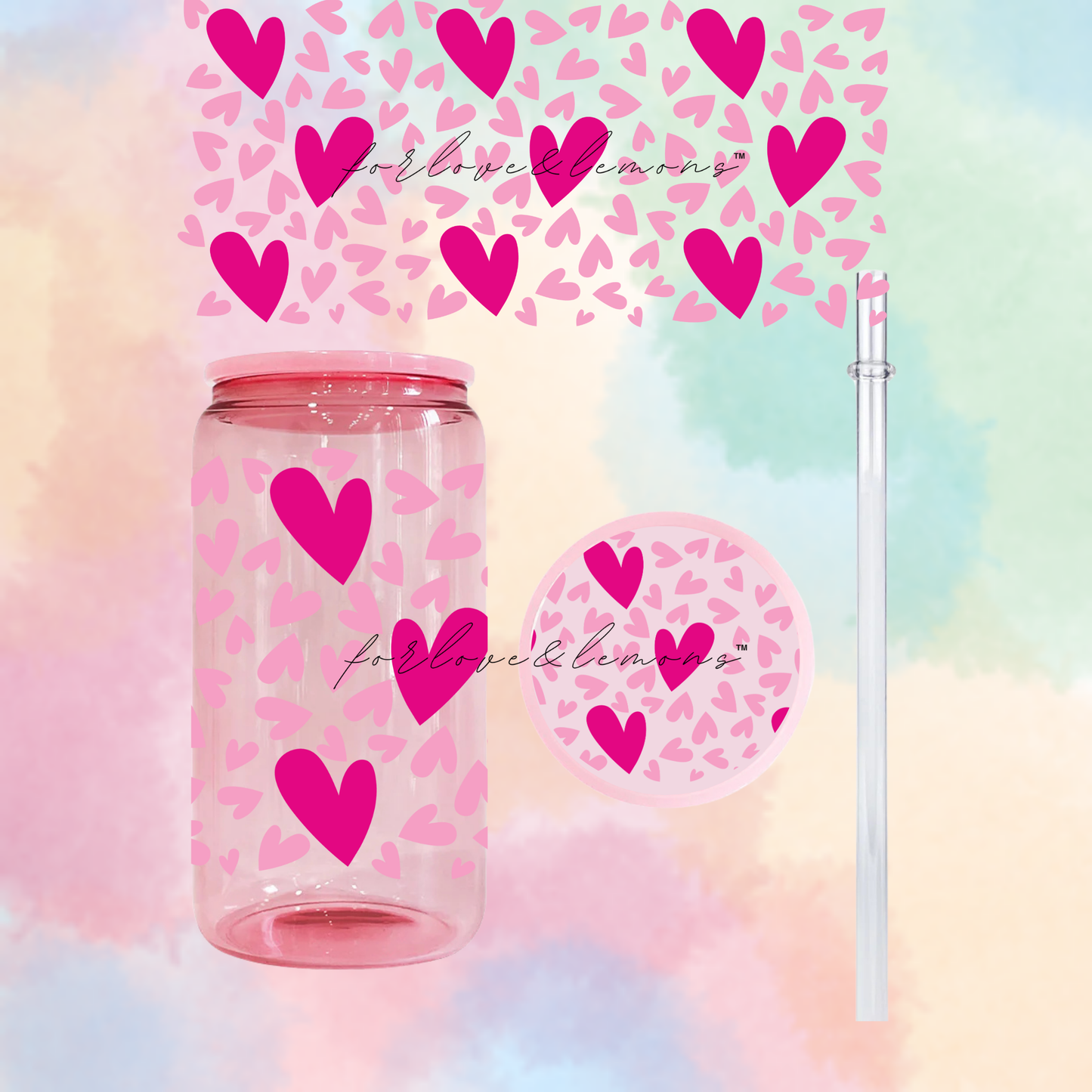 Pink Heart Jelly Glass Can 16oz