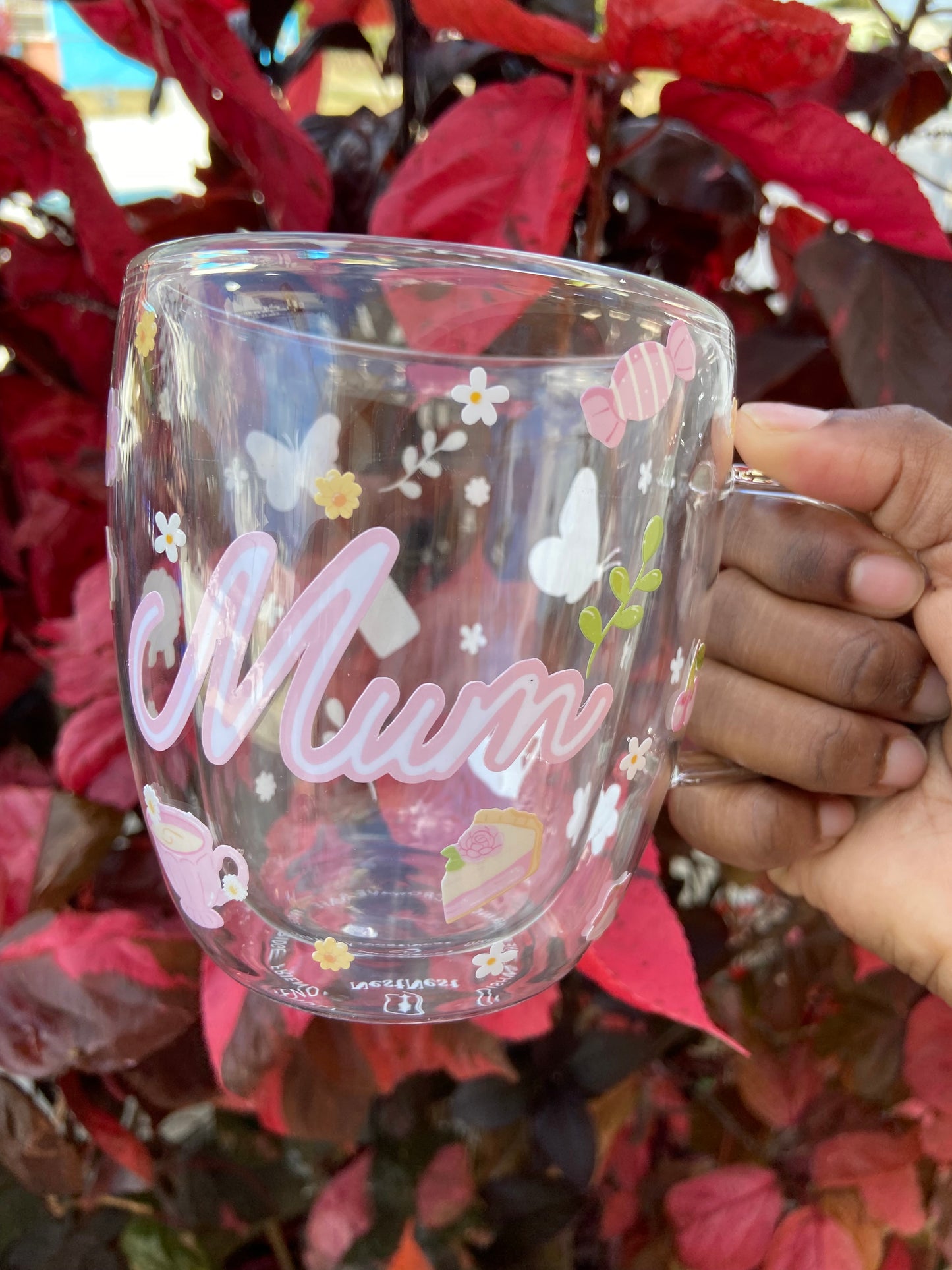 Pink Themed Double Wall Mum Glass Mug