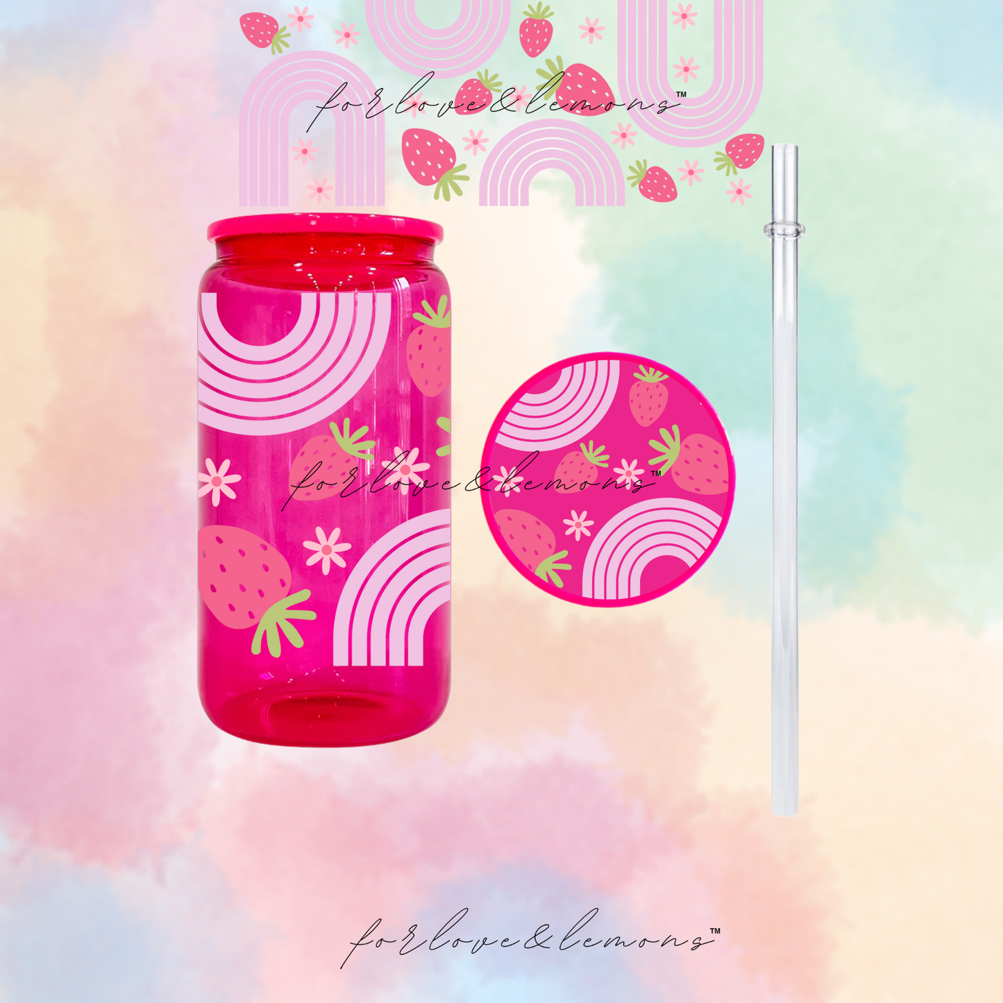 Strawberry Rainbow Jelly Glass Can 16oz