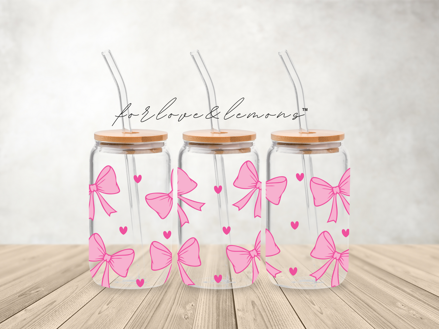 Pink Bows Glass Can 16oz