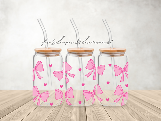 Pink Bows Glass Can 16oz