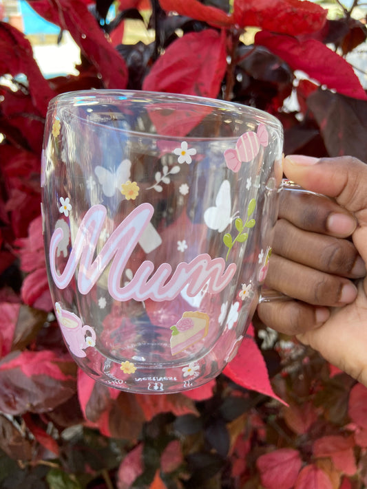 Pink Themed Double Wall Mum Glass Mug