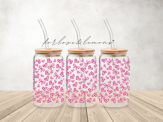 Pink Hearts Glass Can 16oz