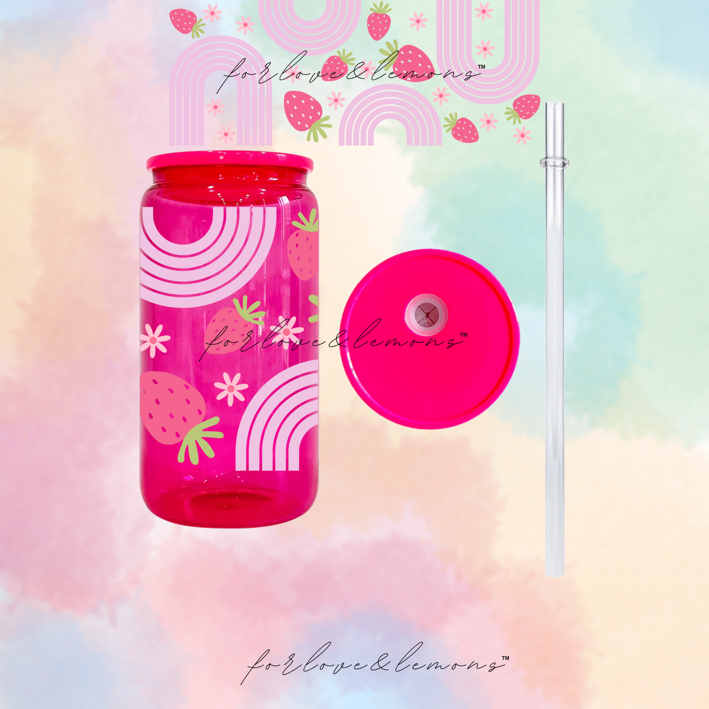 Strawberry Rainbow Jelly Glass Can 16oz