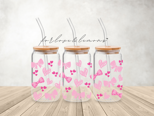 Pink Bow Glass Can 16oz