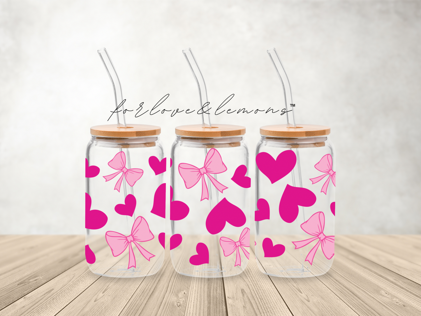 Pink Bow & Heart Glass Can 16oz